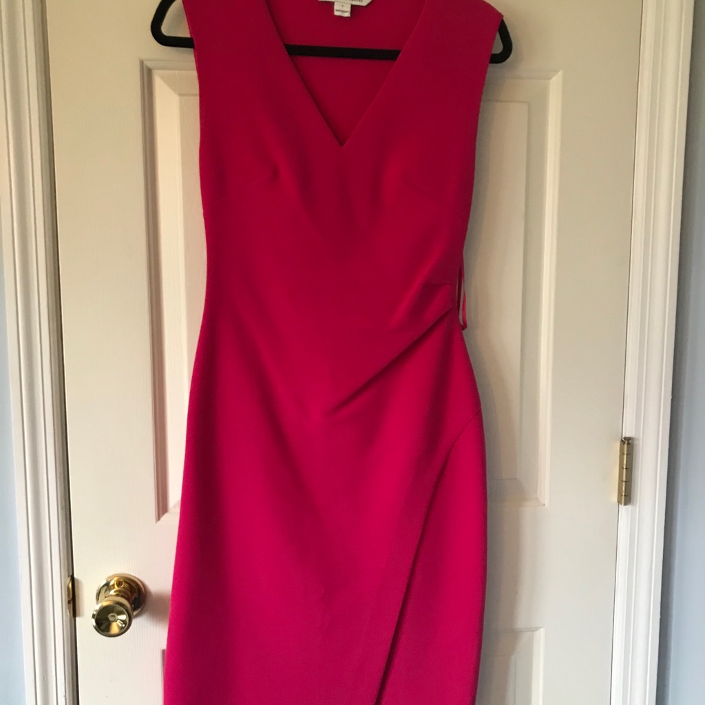 Dvf Hot Pink Sheath Dress Draped V-Neck Size 2 Nwt - Flattering Fit